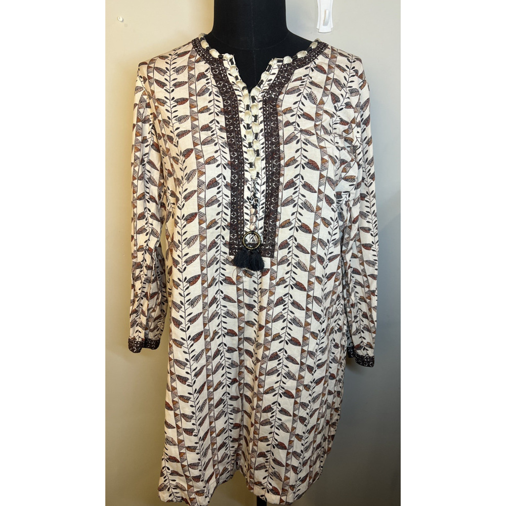 Khaadi‎ Tunic Top Women's Sz 10 Embroidery Tassels Leaves Cream Tan